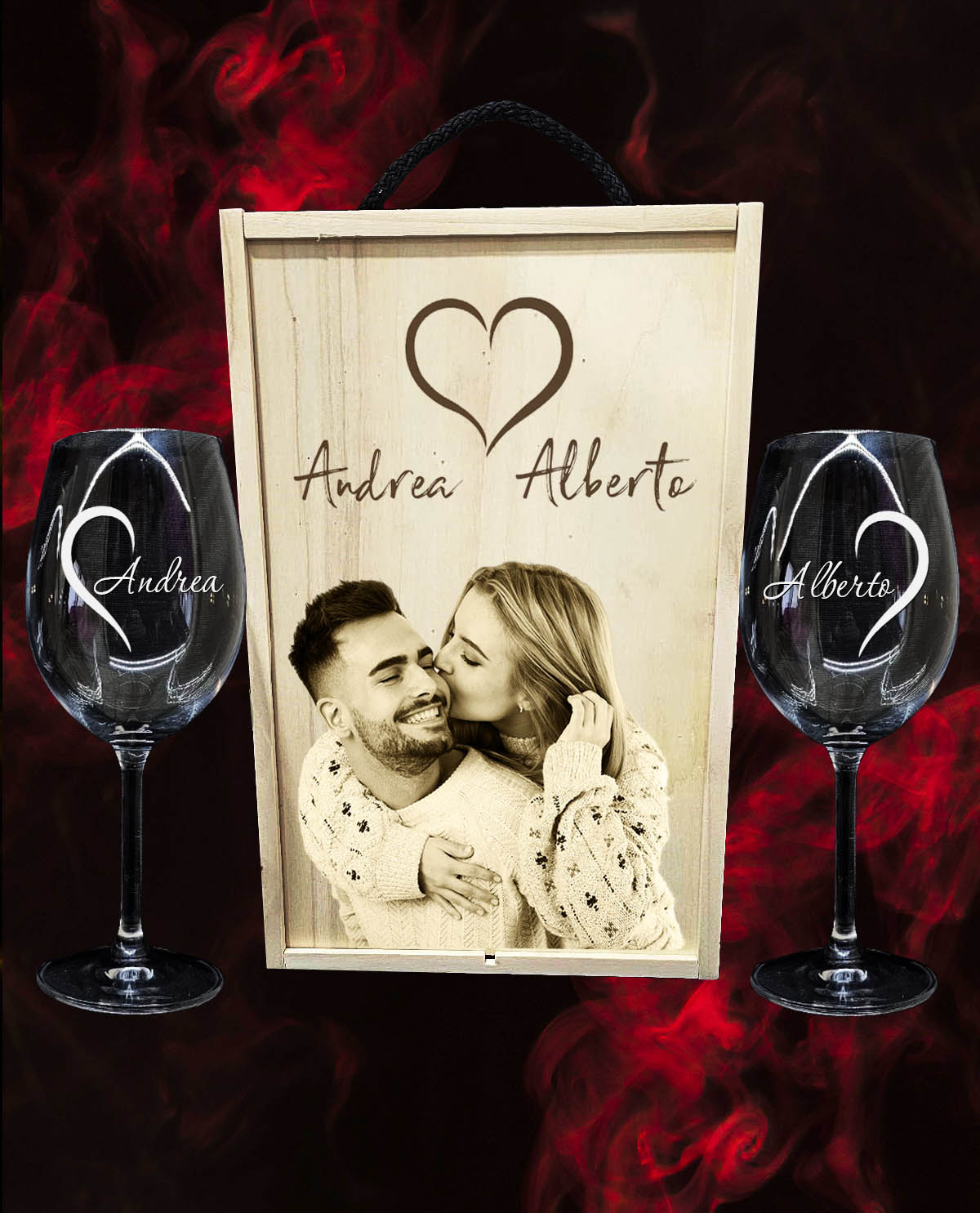 Caja con 2 Copas de Vino Cristal de Bohemia Premium Personalizadas – Diseño Medios Corazones San Valentín Enamorados