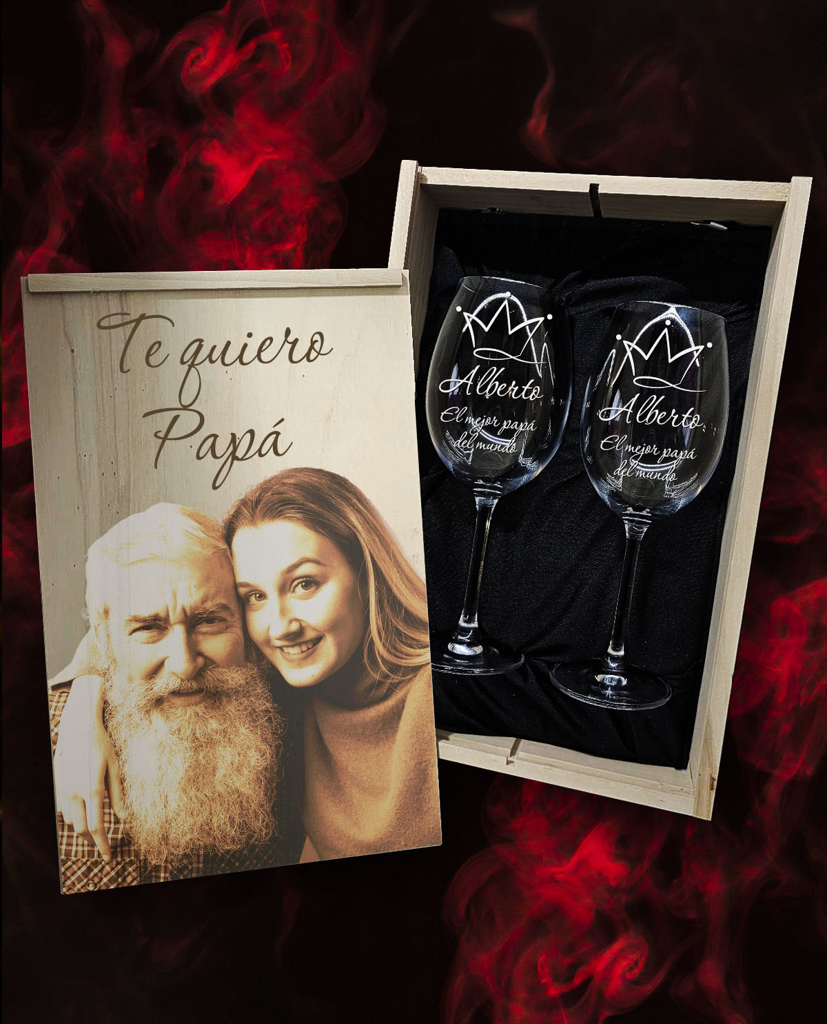Caja con 2 Copas de Vino Cristal de Bohemia Premium Personalizadas Diseño Regalo Día del Padre