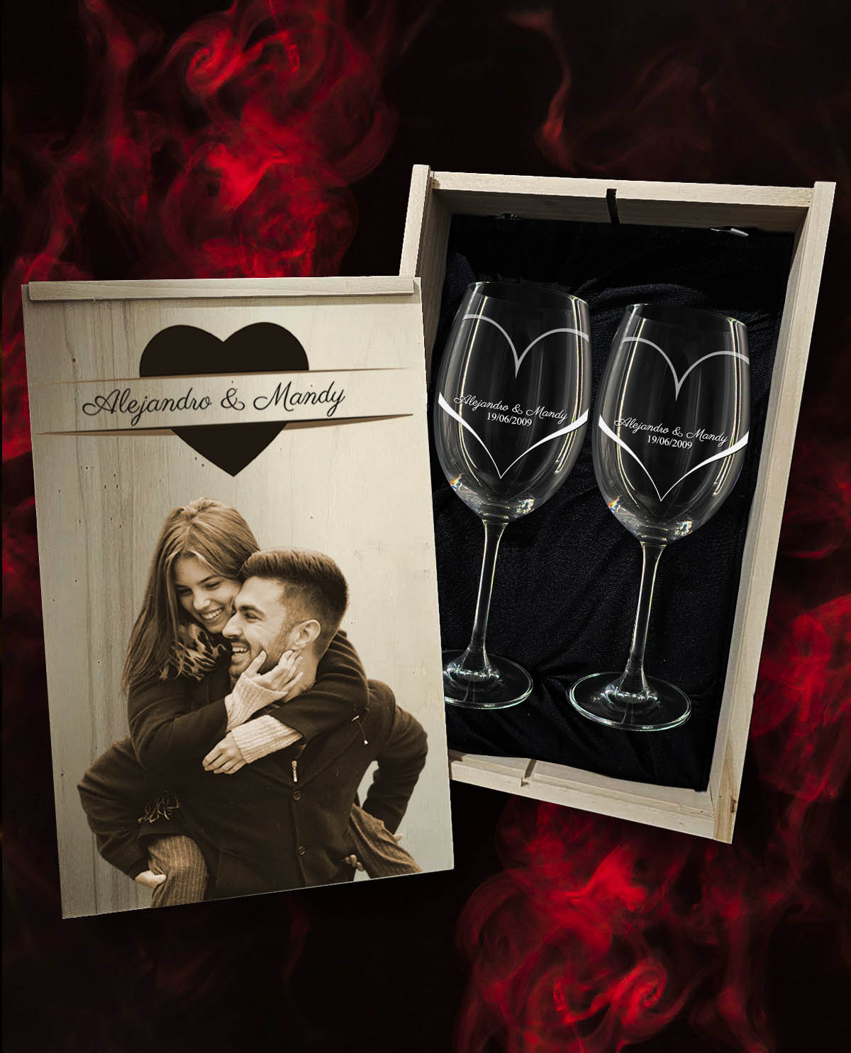Caja con 2 Copas de Vino personalizadas Cristal de Bohemia Colección Exclusive con Corazón Envolvente