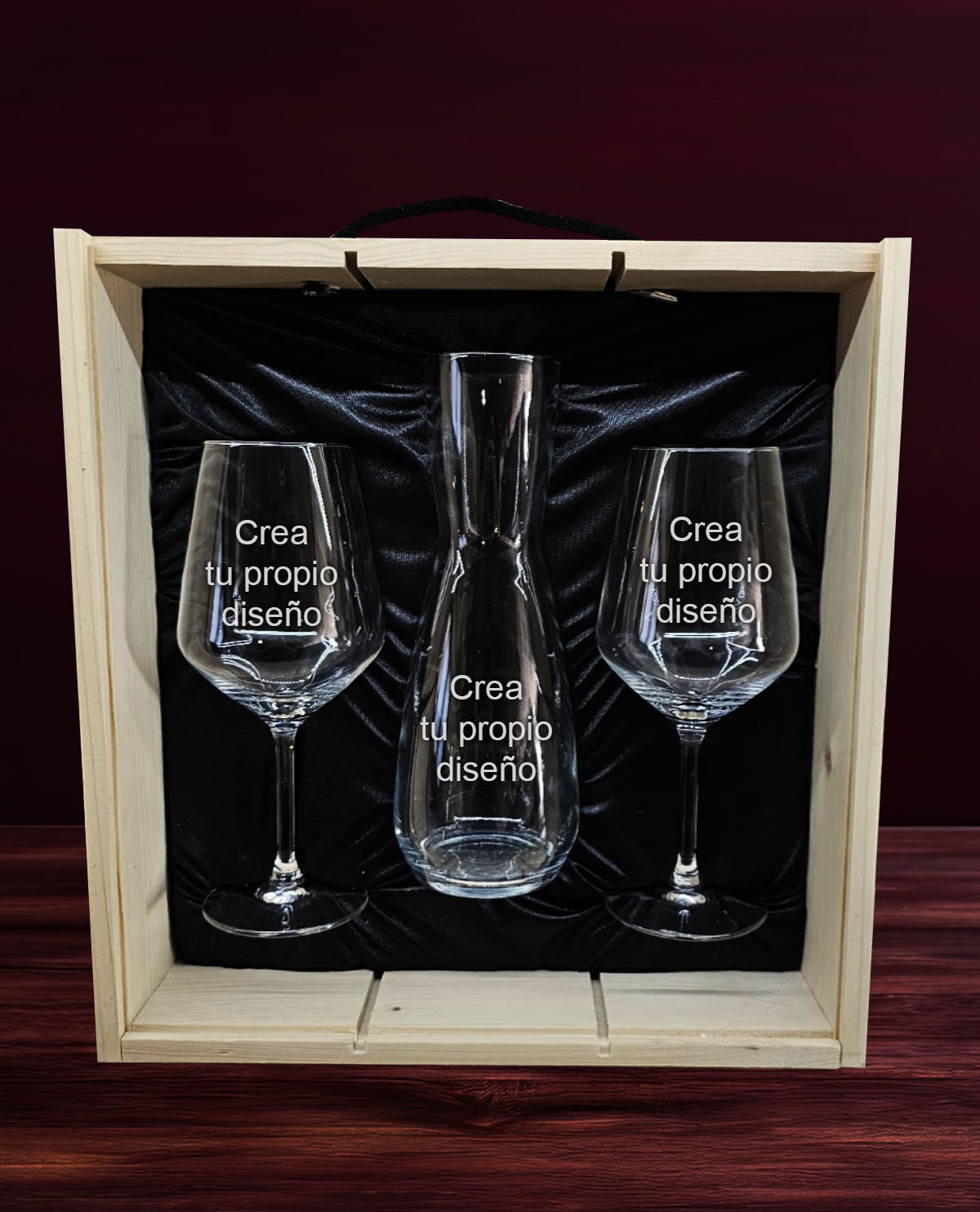 2 copas de vino y decantador con caja personalizados