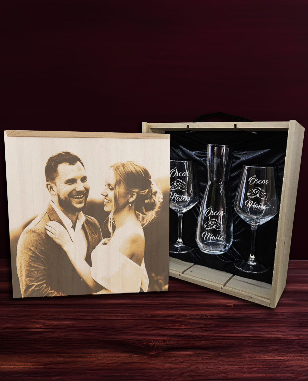 2 copas de vino y decantador con caja personalizados Diseño para Bodas