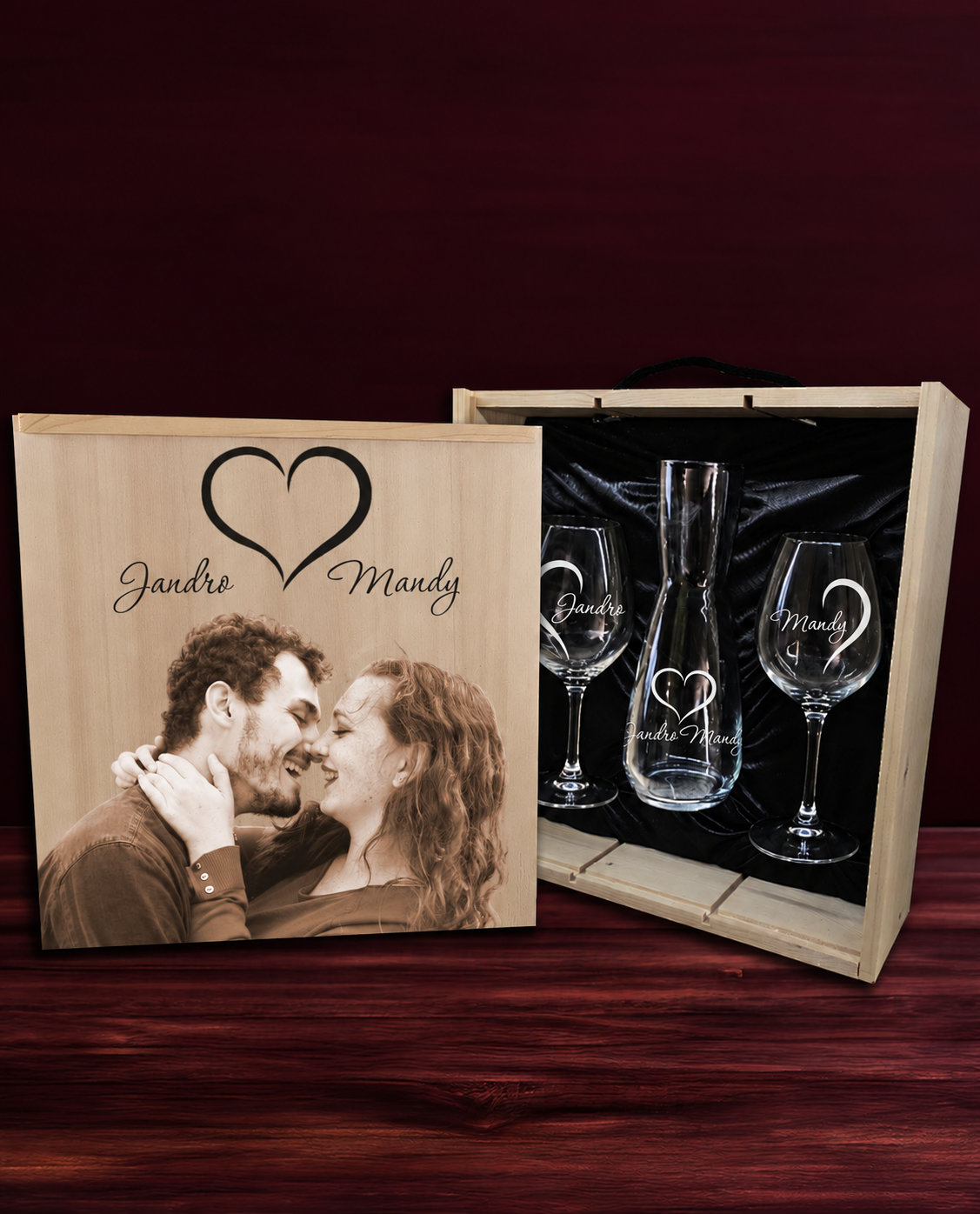 Kit de decantador y 2 copas Bohemia premium Diseño Medios Corazones para San Valentín