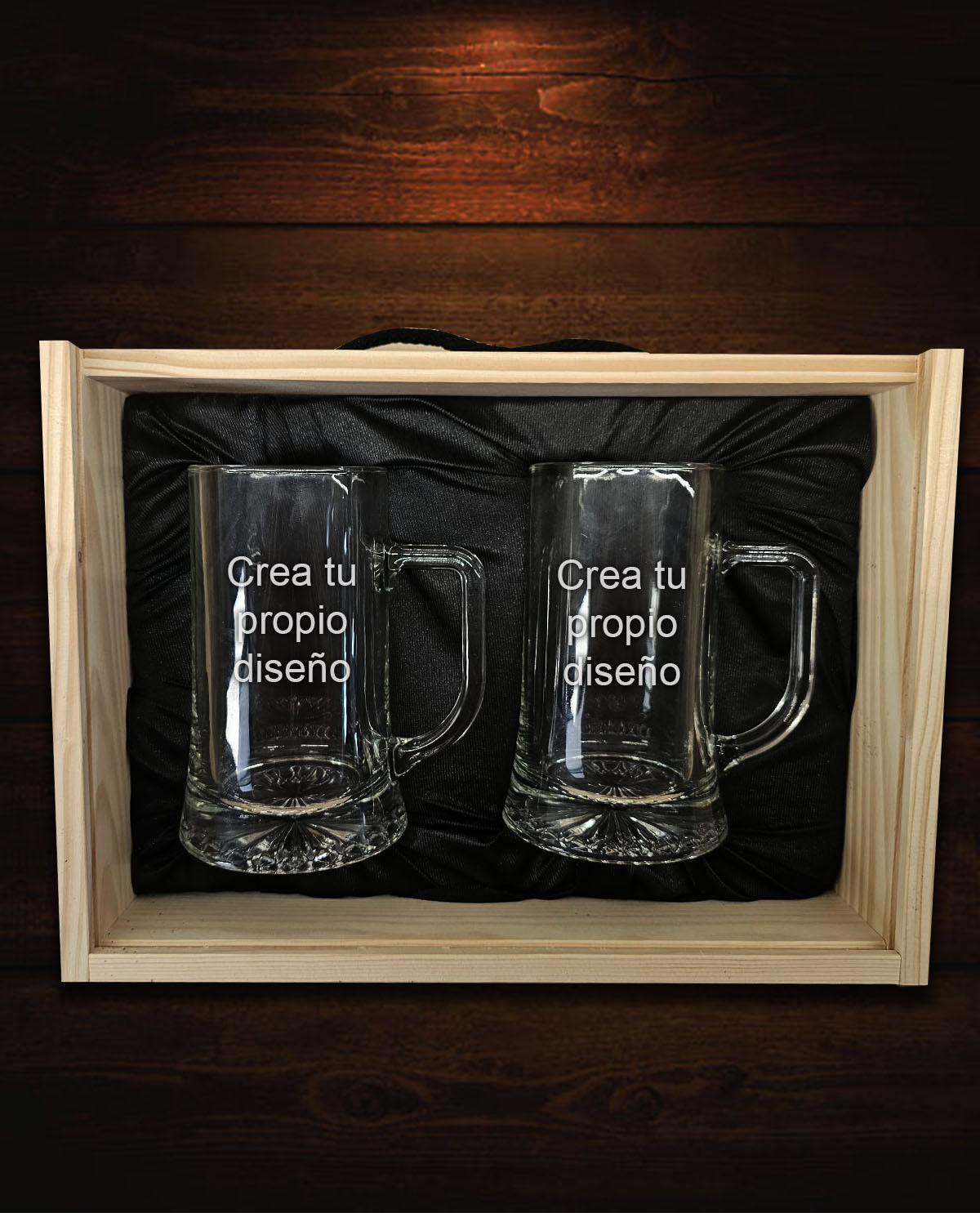 Kit Caja de Madera con 2 Jarras de Cerveza Personalizadas