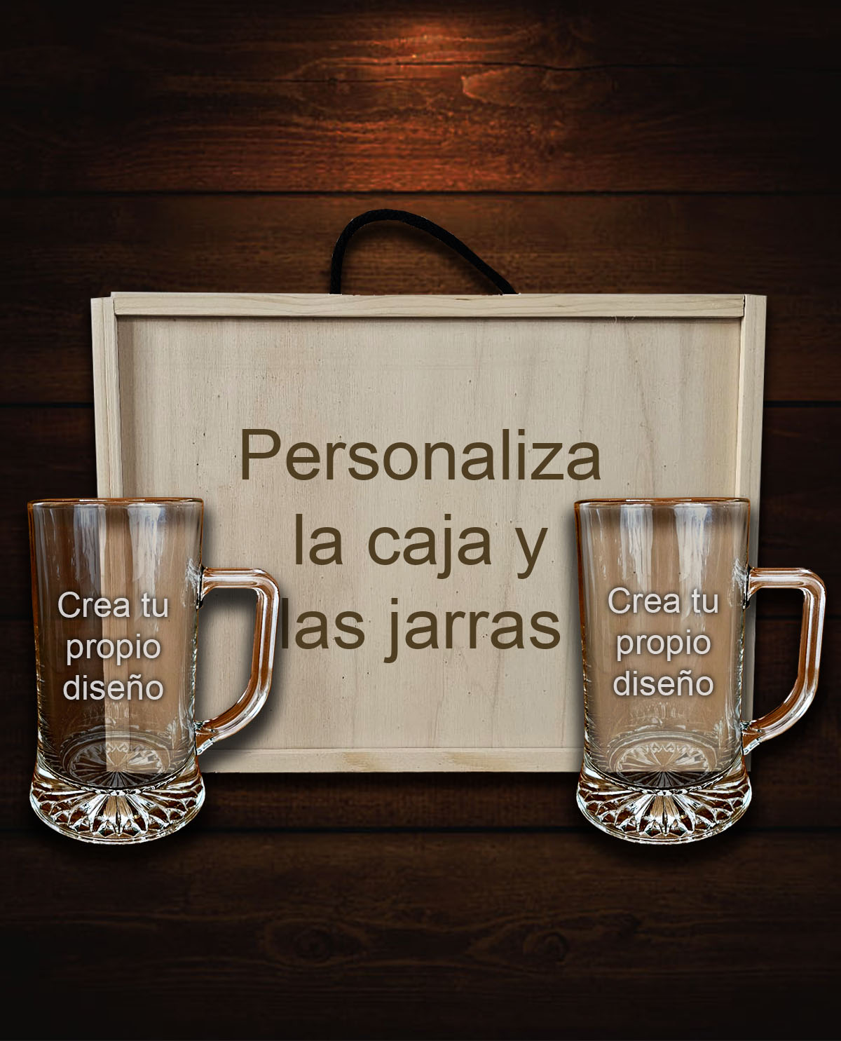 Kit Caja de Madera con 2 Jarras de Cerveza Personalizadas