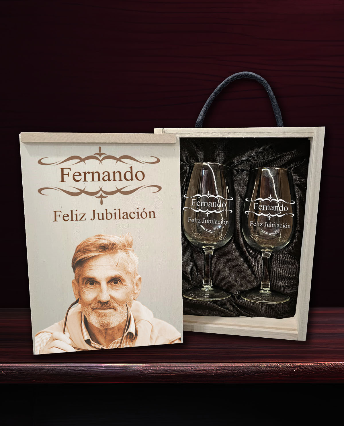 Caixa de madeira com 2 Copos de Prova Personalizados Design Reforma com ornamento