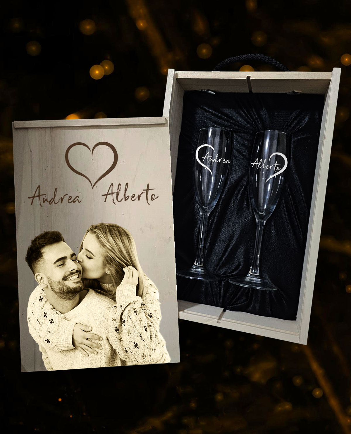 Caixa com 2 Copos de Champanhe Personalizados Design Corações Juntos