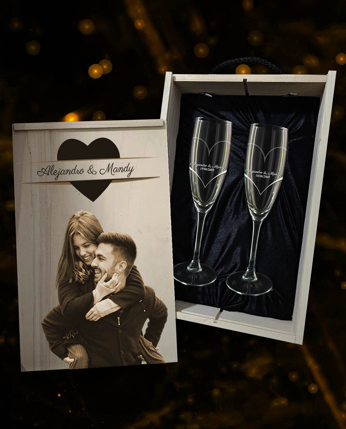 Caixa com 2 Copos de Espumante personalizados de 17cl Coleção Exclusive com Coração Envolvente