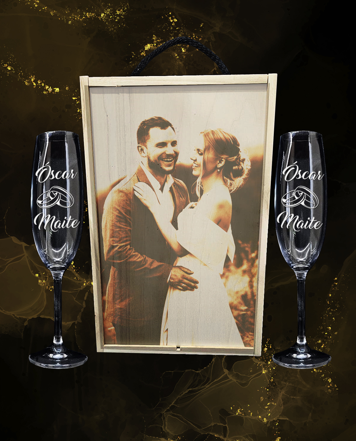 Caixa com 2 Copos de Espumante em Cristal da Boémia Premium Personalizados Design Casamento Alianças