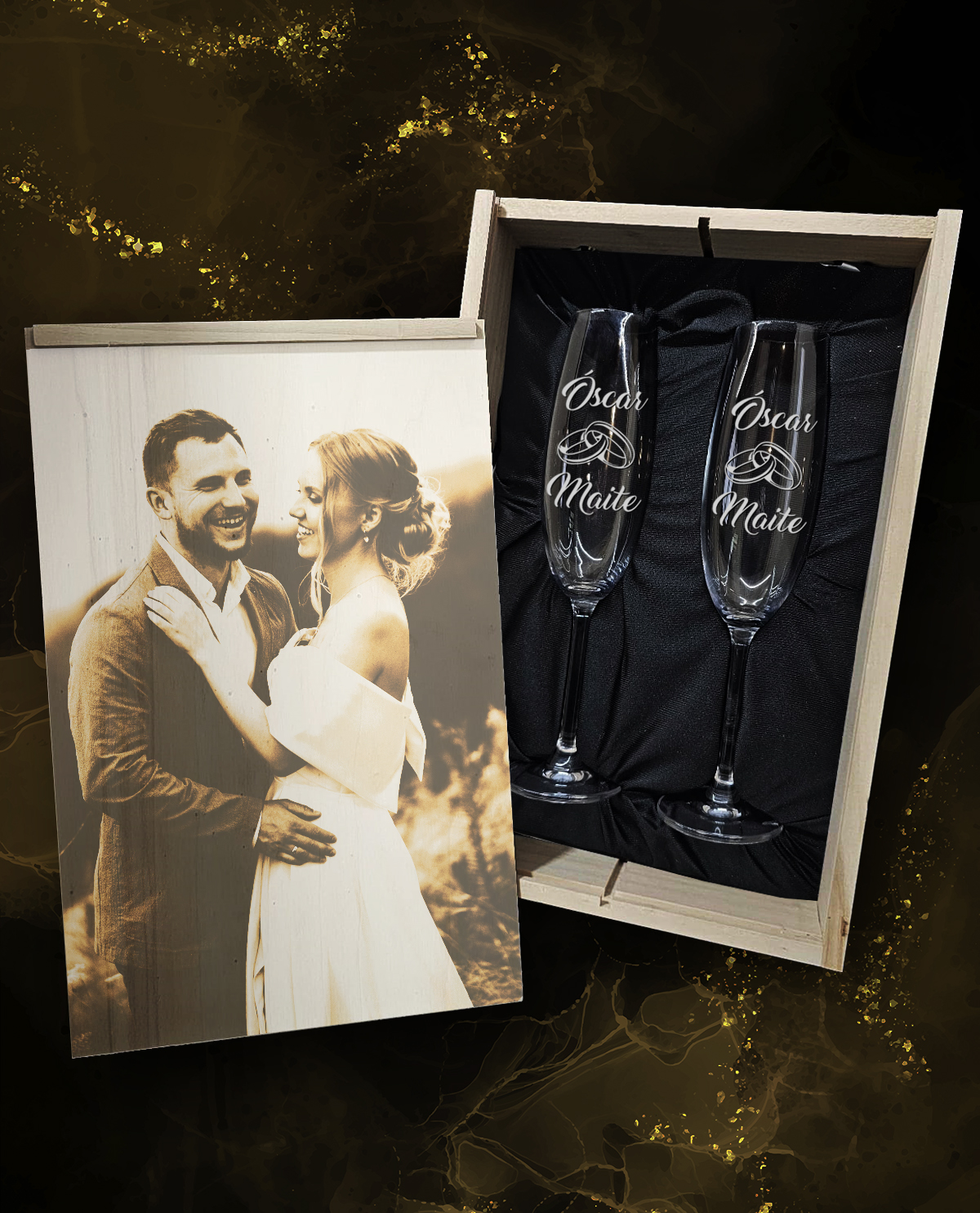 Caixa com 2 Copos de Espumante em Cristal da Boémia Premium Personalizados Design Casamento Alianças