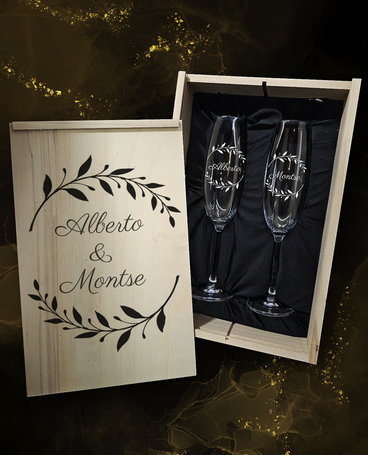 Caixa com 2 Copos de Espumante em Cristal da Boémia Premium Personalizados Design Coroa de Louros