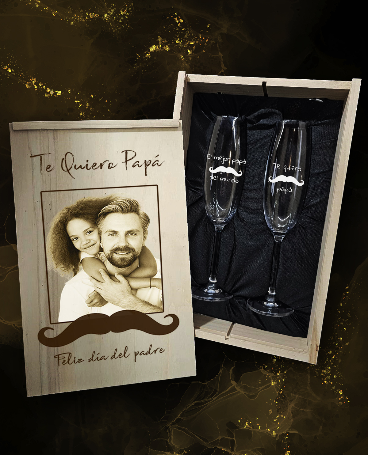Caixa com 2 Copos de Espumante em Cristal da Boémia Premium Personalizados Design Presente Dia do Pai Bigode