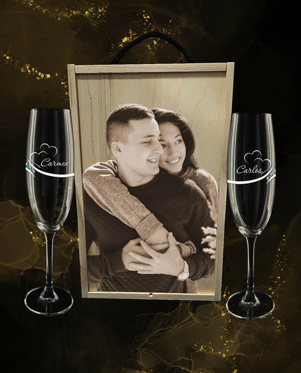 Caixa com 2 Copos de Espumante personalizados de Cristal da Boémia Premium Coleção Exclusive com Corações e Brilhantes