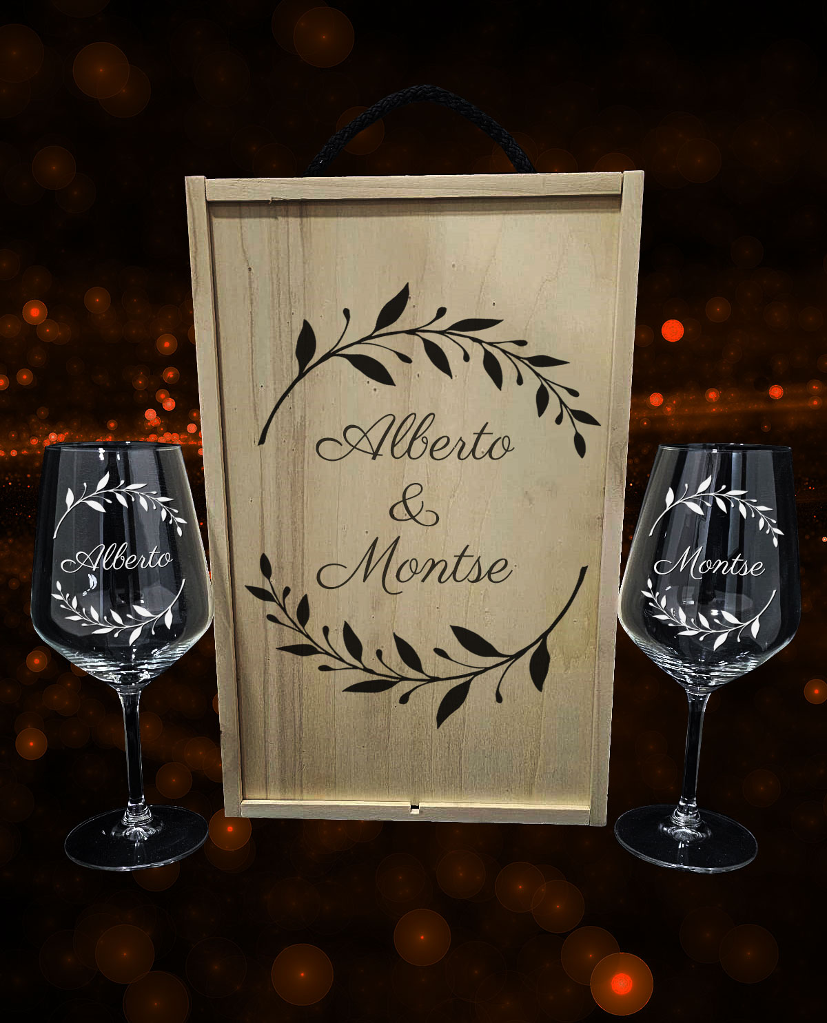 Caixa com 2 Copos de Vinho Personalizados Design Coroa de Louros