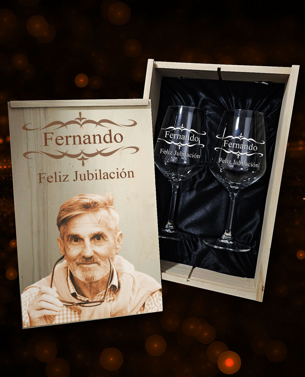 Caixa com 2 Copos de Vinho Personalizados Design Aposentação com Moldura Decorativa