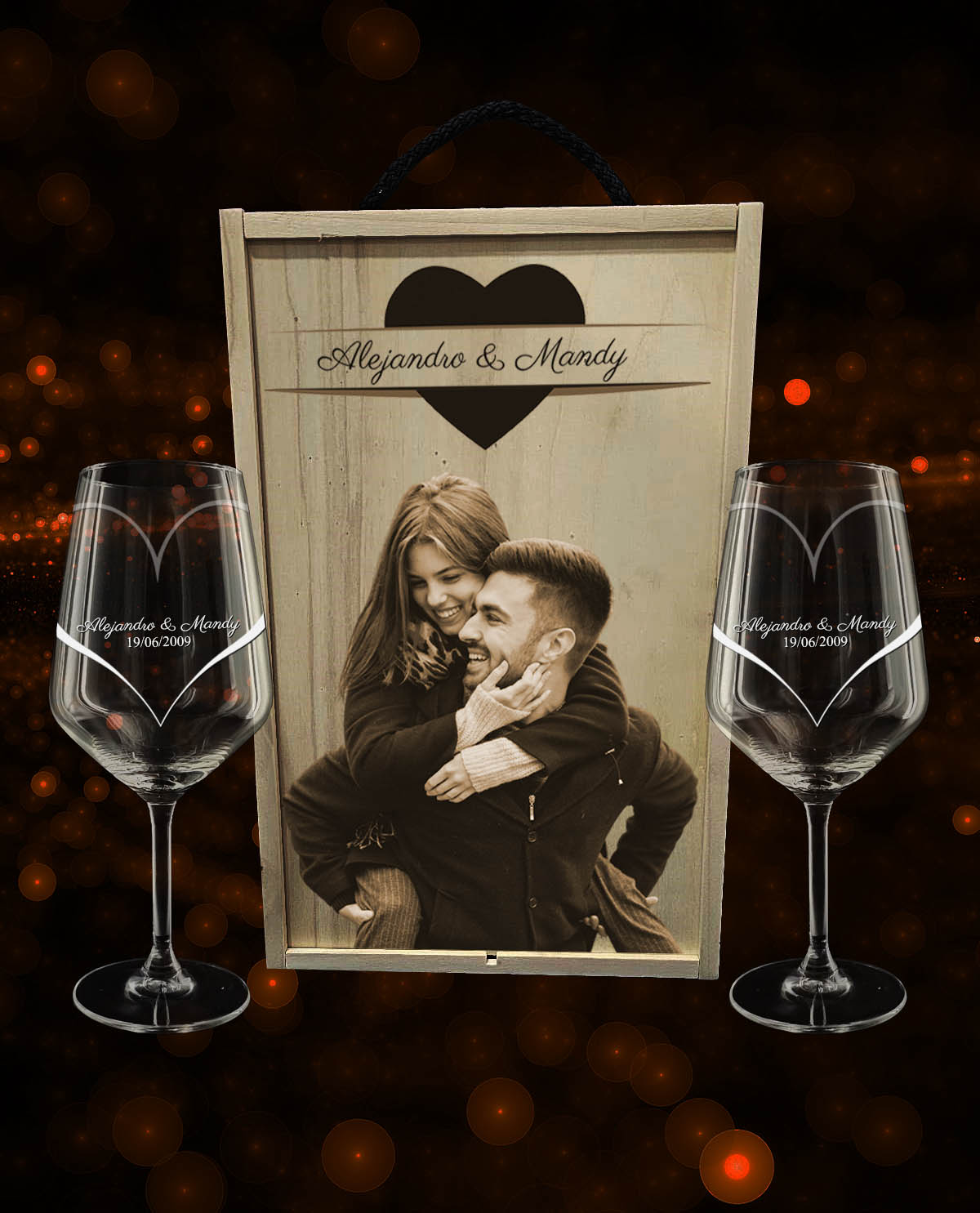 Caixa com 2 Copos de Vinho personalizados modelo Carré 53cl Coleção Exclusive com Coração Envolvente