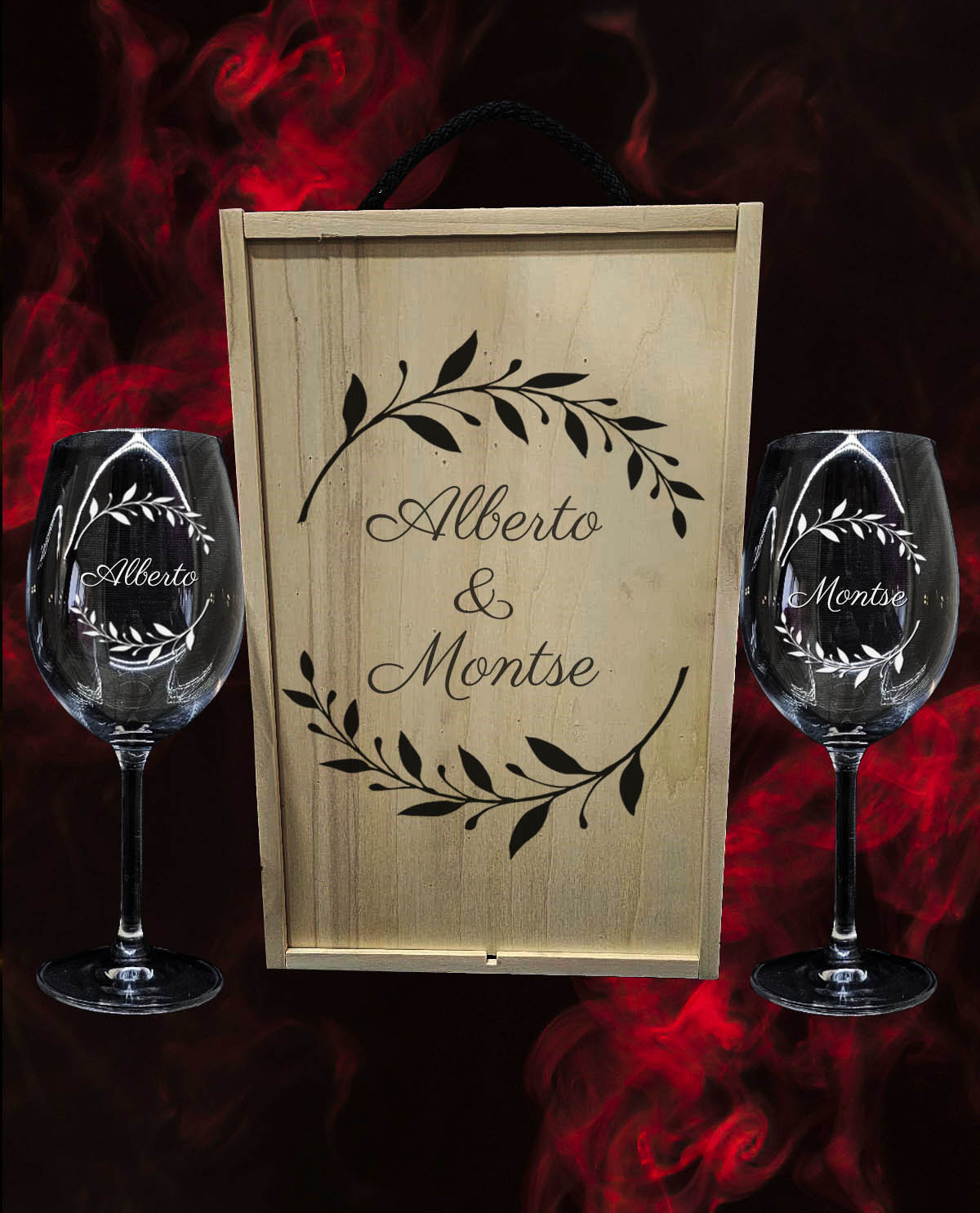 Caixa com 2 Copos de Vinho em Cristal da Boémia Premium Personalizados – Design Coroa de Louros