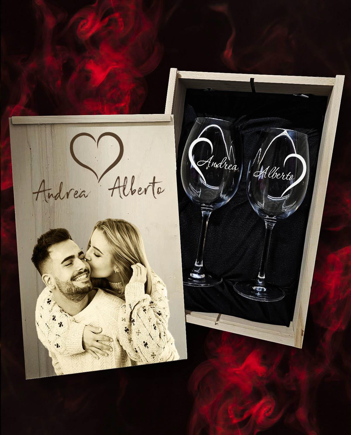 Caixa com 2 Copos de Vinho em Cristal da Boémia Premium Personalizados – Design Meios Corações Dia dos Namorados