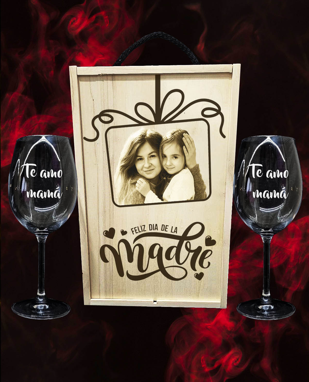 Caixa com 2 Copos de Vinho em Cristal da Boémia Premium Personalizados – Design Presente Dia da Mãe