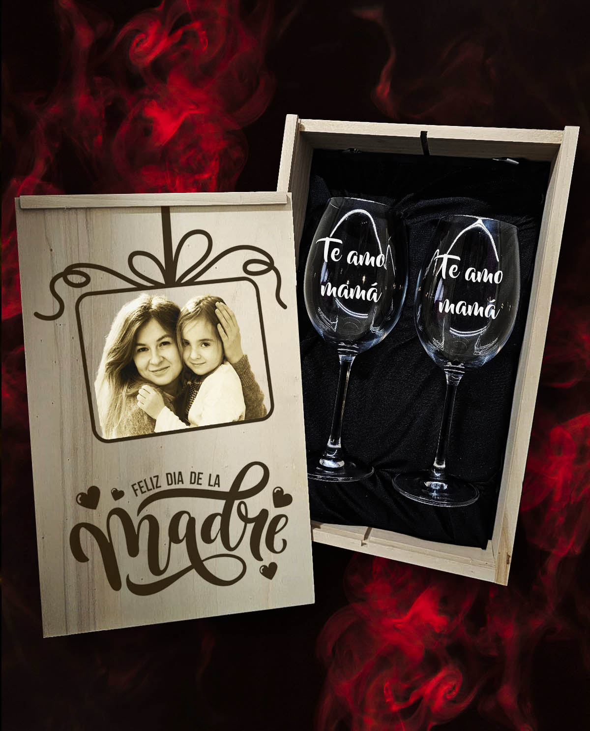 Caixa com 2 Copos de Vinho em Cristal da Boémia Premium Personalizados – Design Presente Dia da Mãe