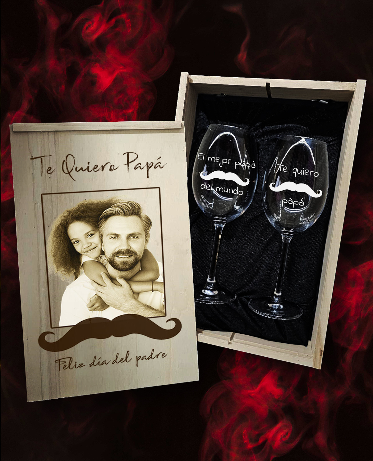 Caixa com 2 Copos de Vinho em Cristal da Boémia Premium Personalizados Design Presente Dia do Pai Bigode