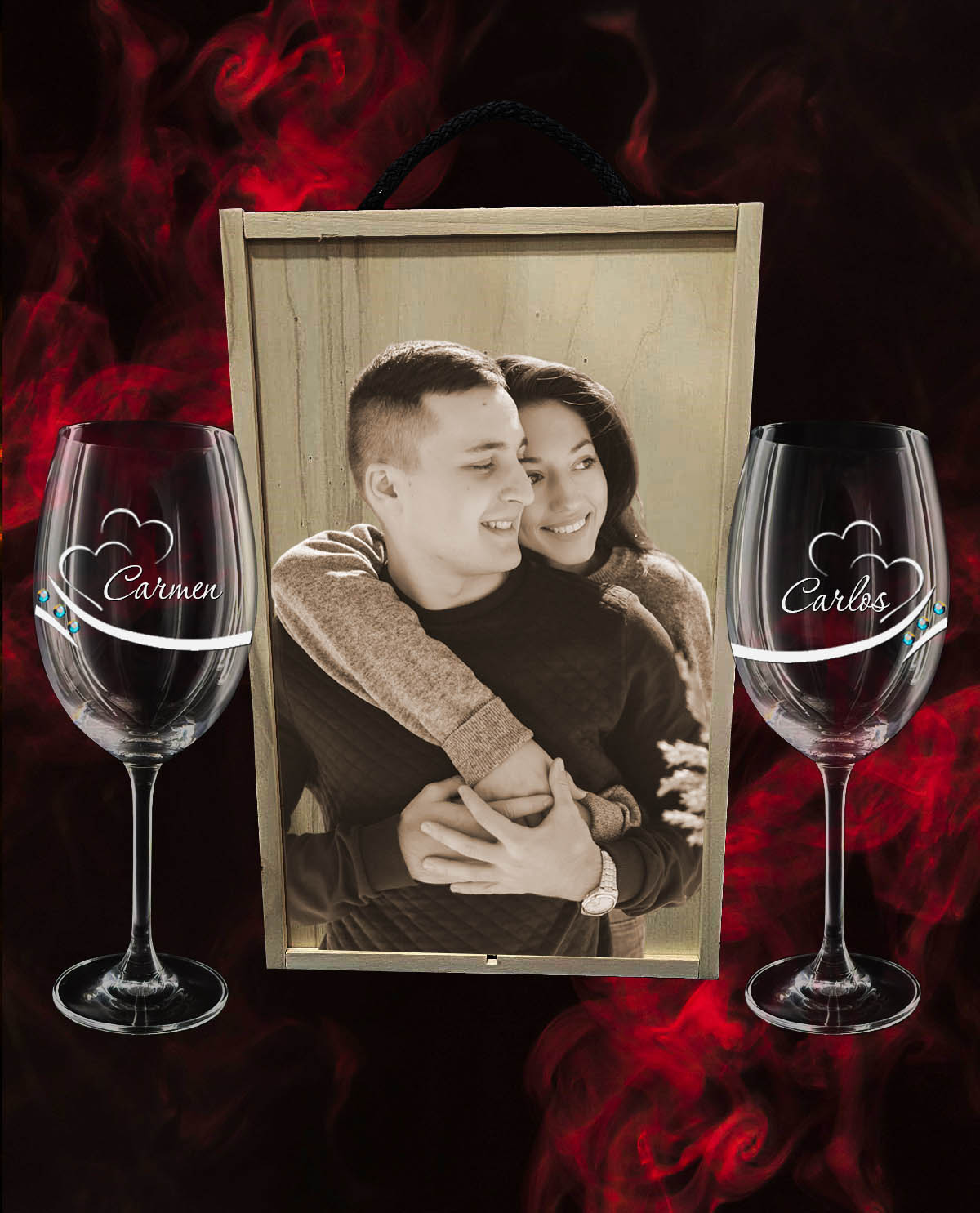 Caixa com 2 Copos de Vinho personalizados de Cristal da Boémia Premium Coleção Exclusive com Corações e Brilhantes