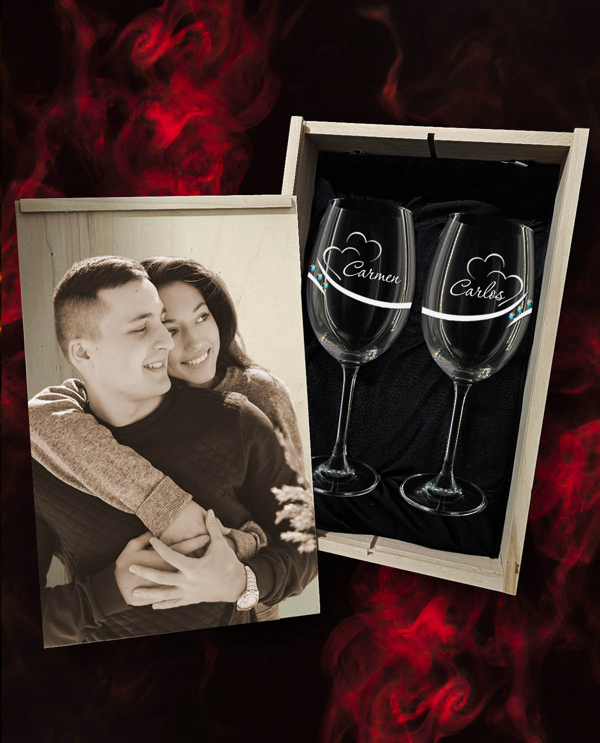 Caixa com 2 Copos de Vinho personalizados de Cristal da Boémia Premium Coleção Exclusive com Corações e Brilhantes