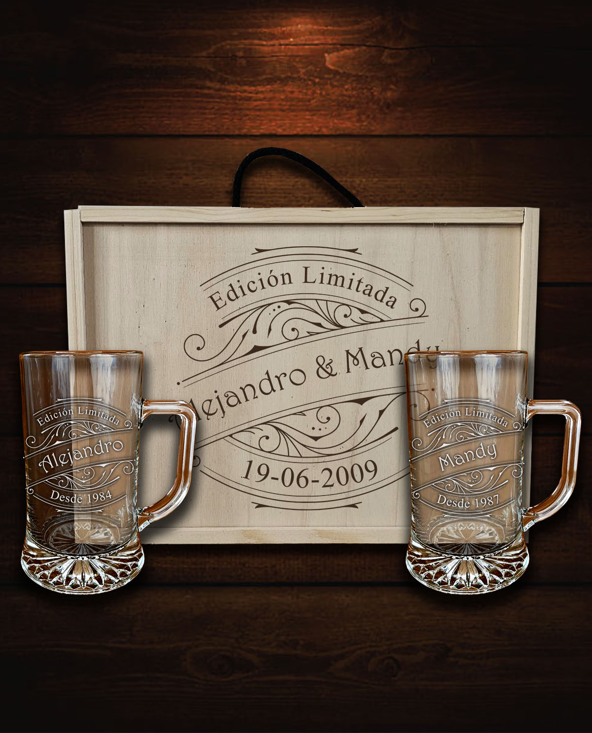 Kit Caixa de Madeira com 2 Canecas de Cerveja Personalizadas Design Edição Limitada com Nome